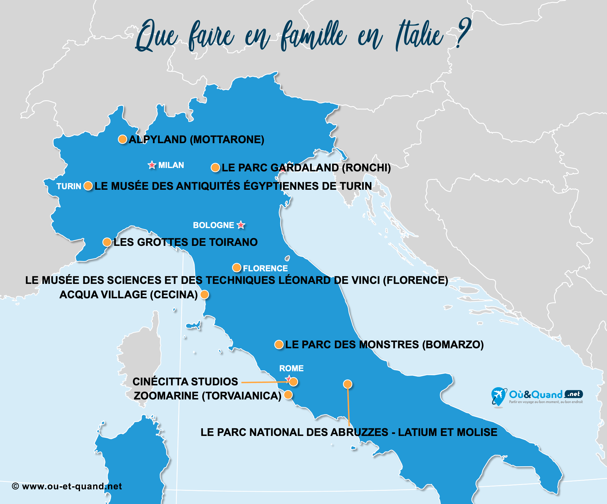 La carte des endroits en Italie à visiter en famille