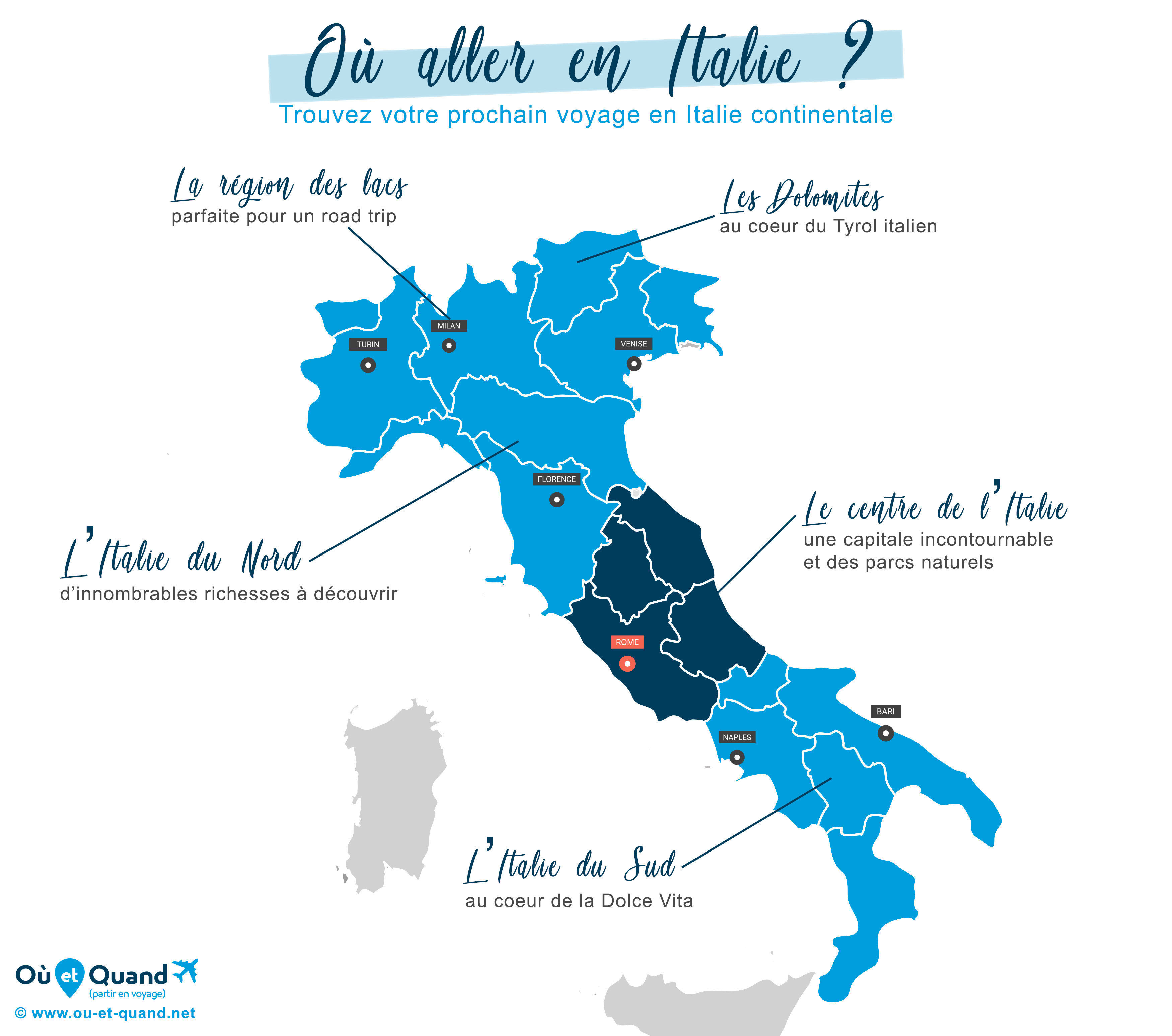 Carte des régions à visiter en Italie continentale