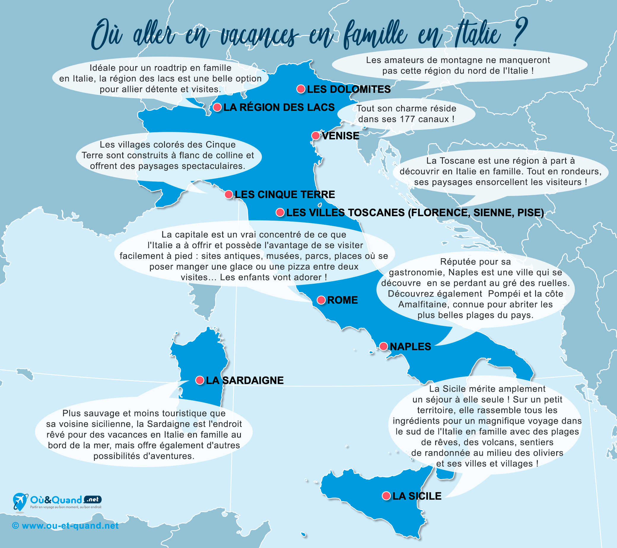 La carte des endroits en Italie où aller en vacances en famille