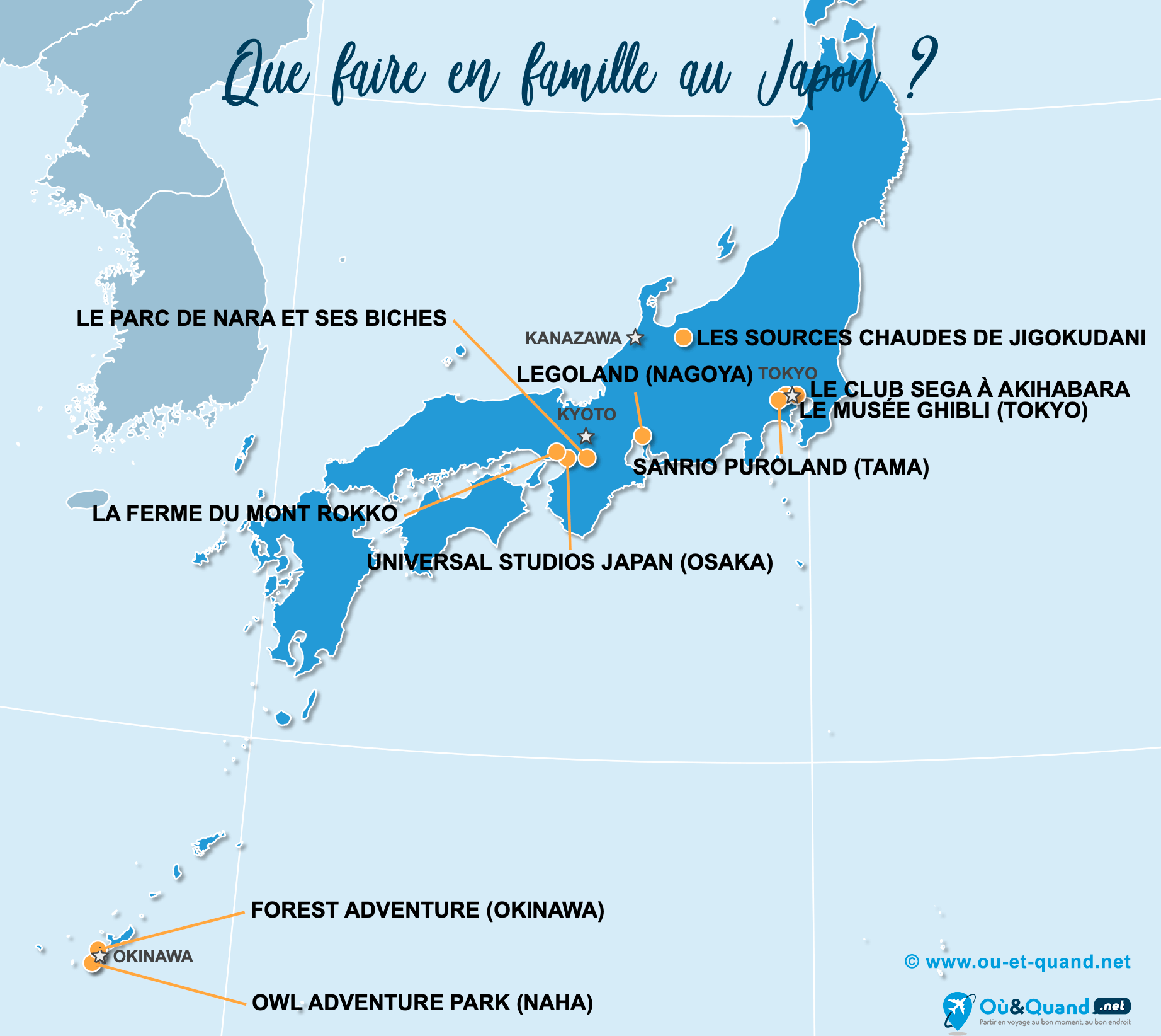 La carte des endroits au Japon à visiter en famille