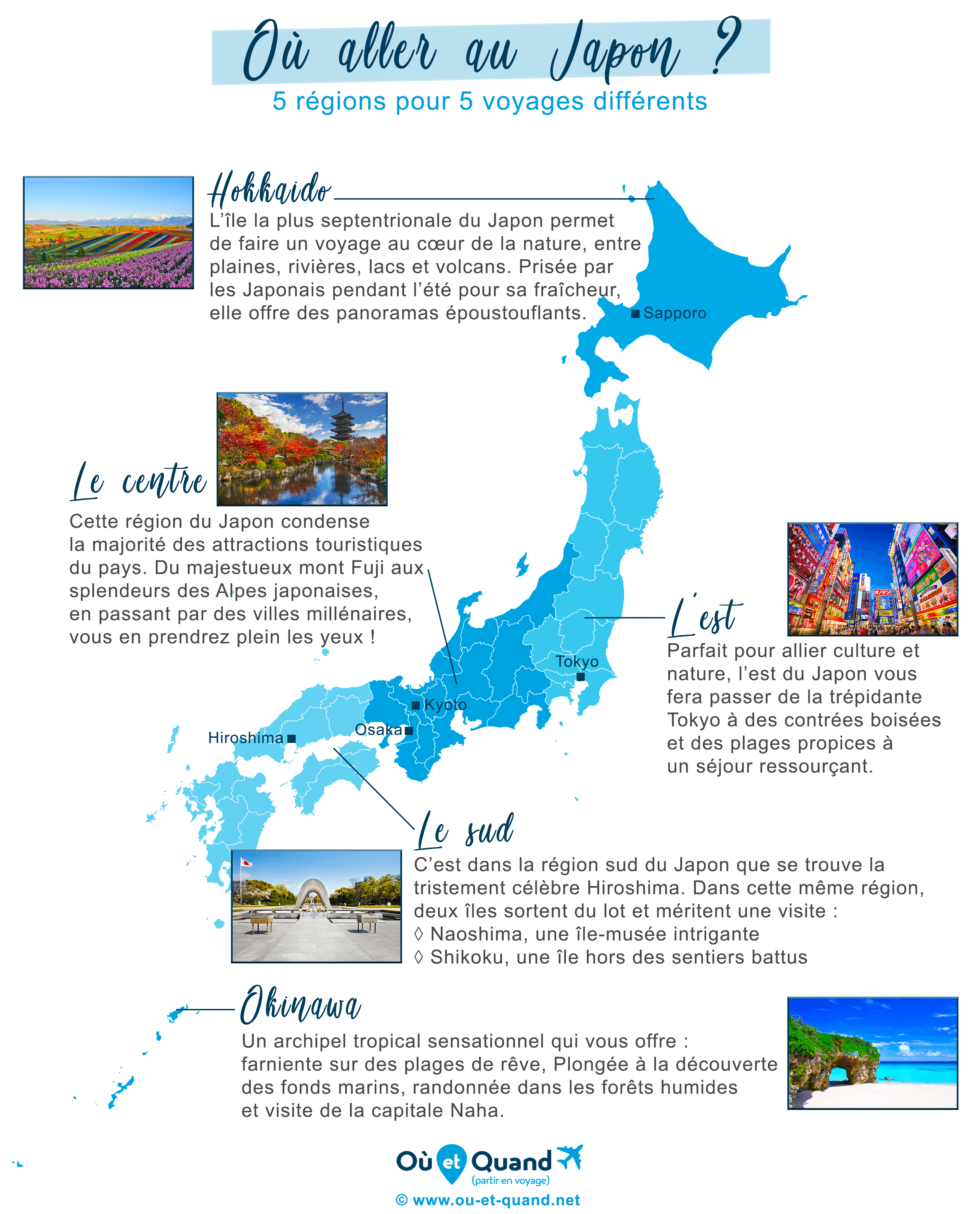 Carte des régions touristiques où aller en voyage au Japon
