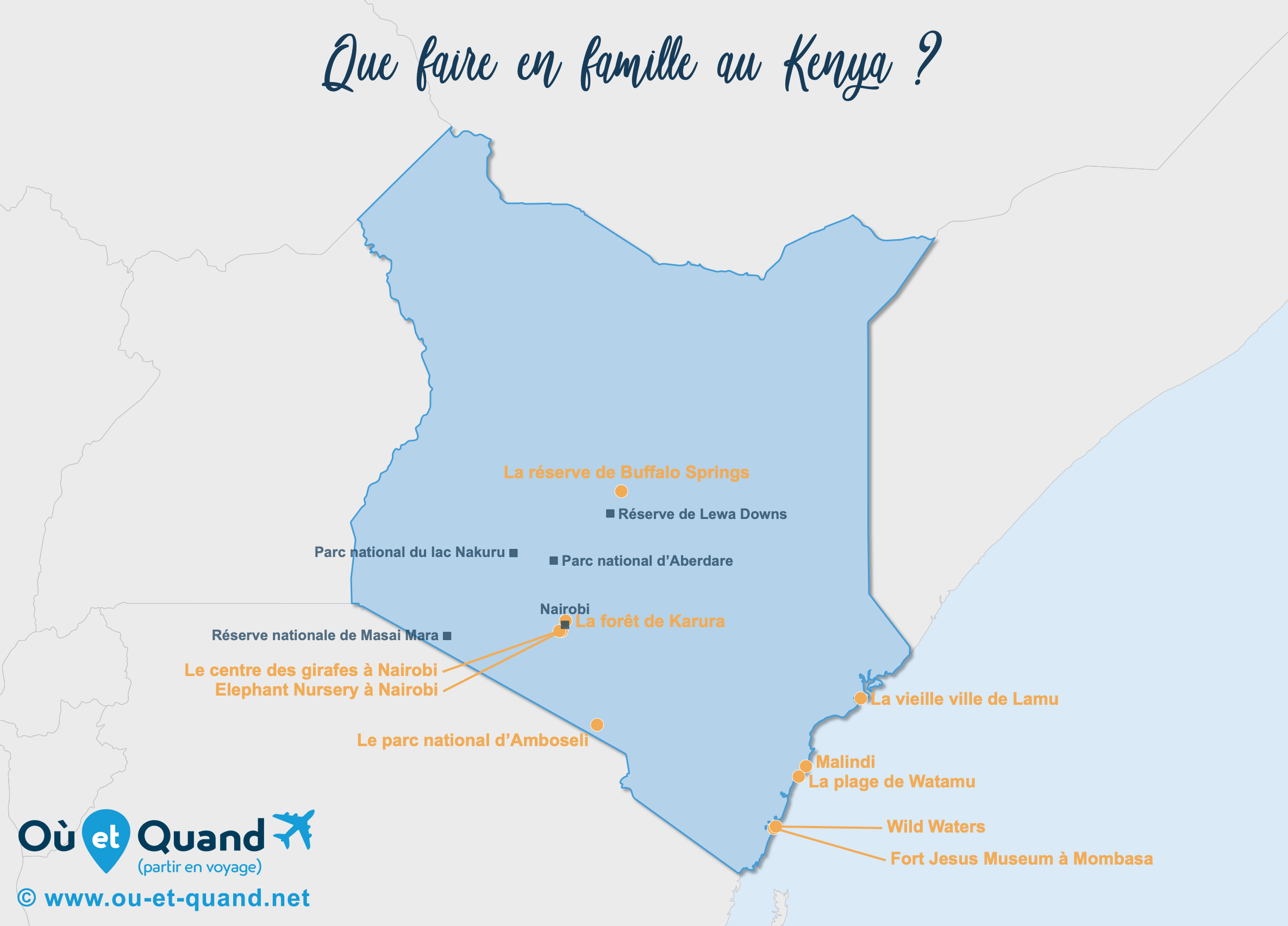 La carte des endroits au Kenya à visiter en famille