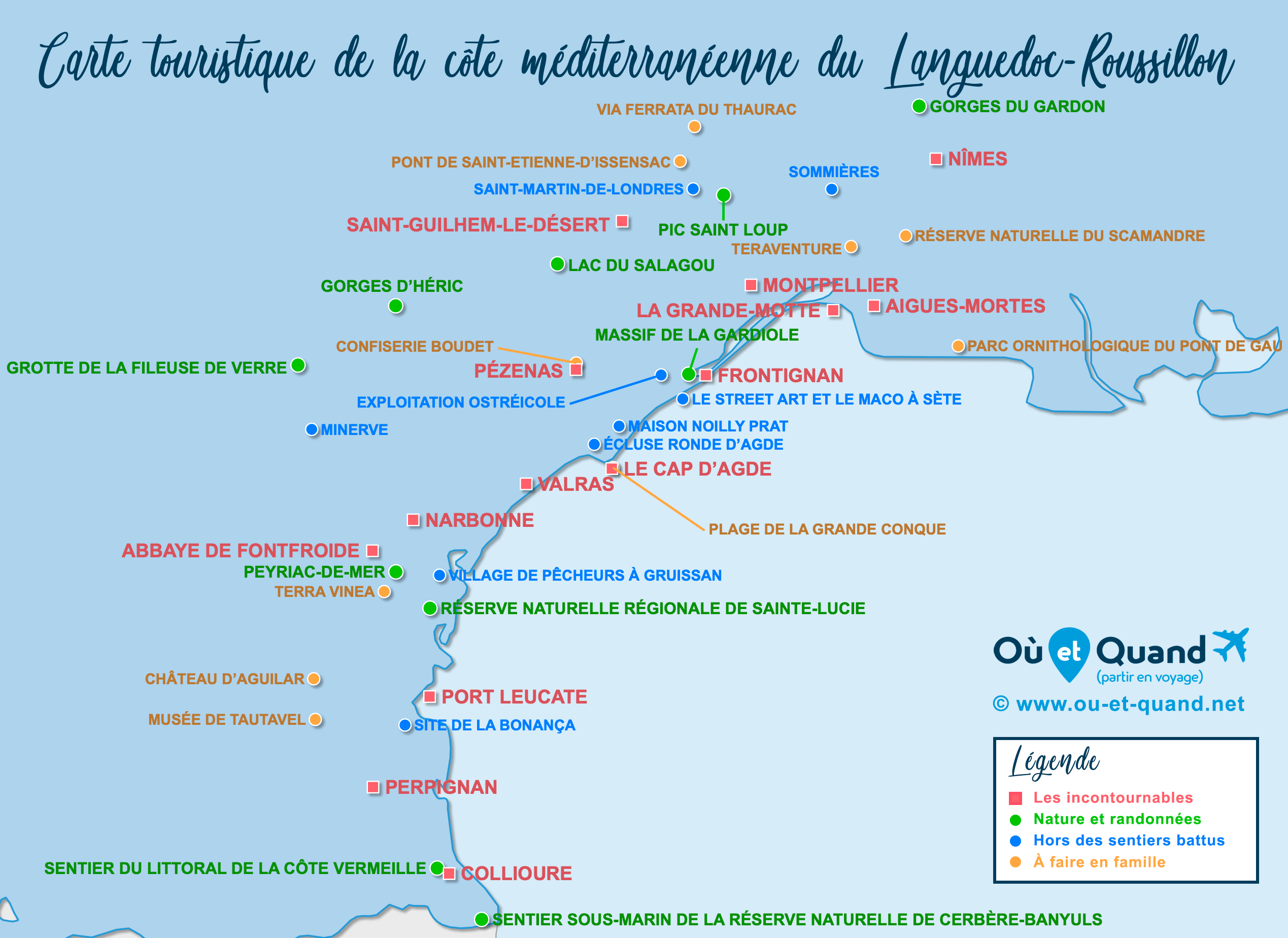 Carte Languedoc-Roussillon (côte méditerranéenne) : tous les lieux à visiter lors de votre voyage