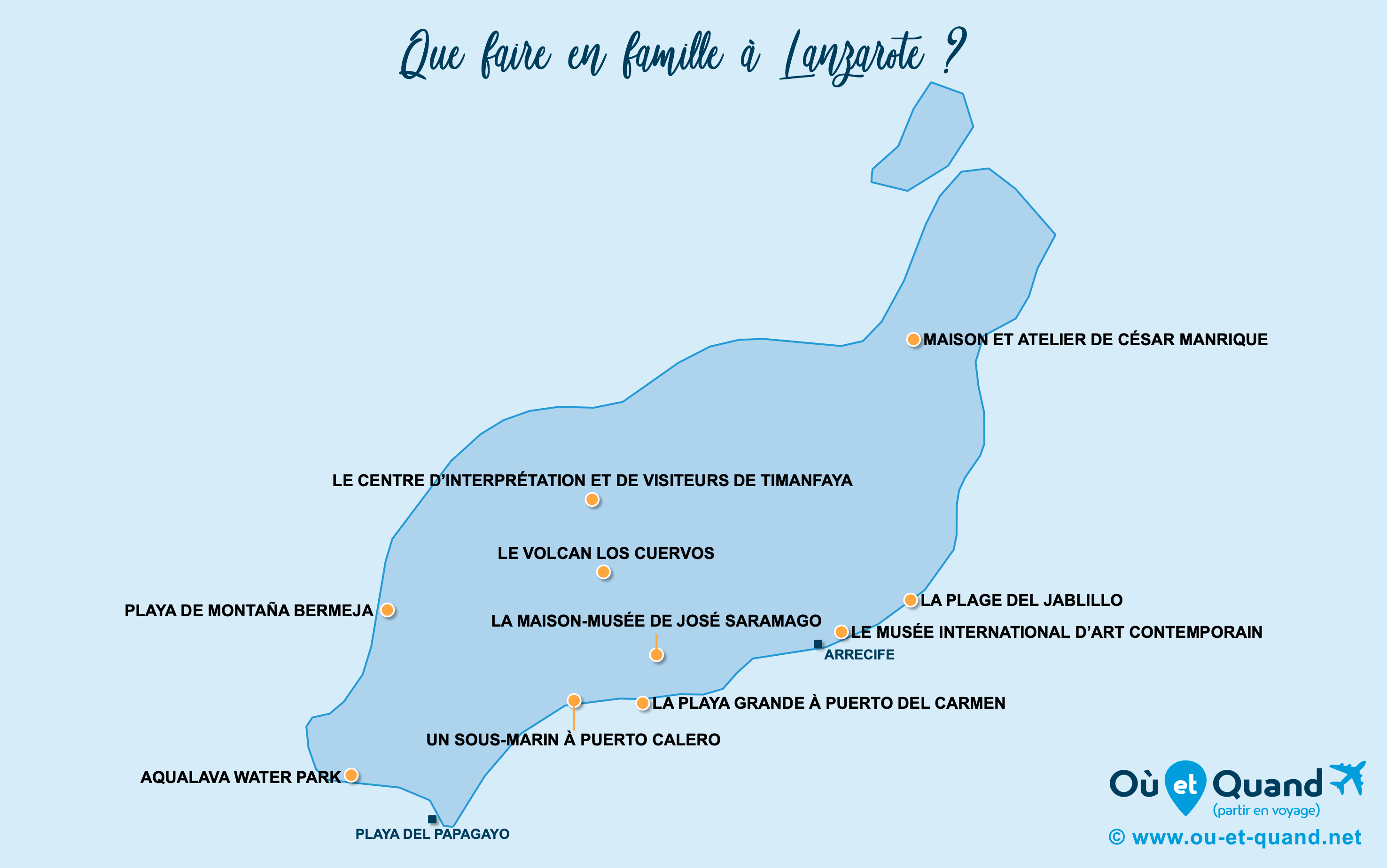La carte des endroits à Lanzarote à visiter en famille
