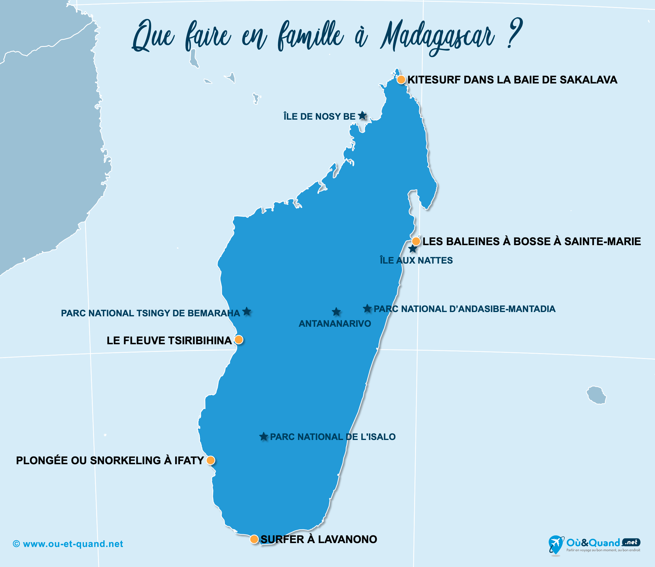 La carte des endroits à Madagascar à visiter en famille