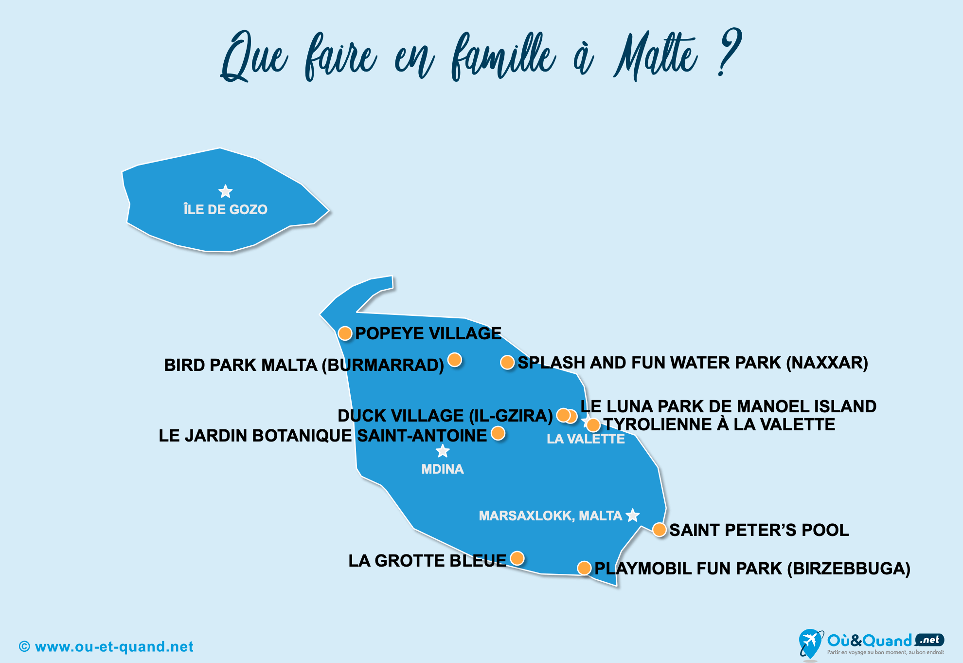 La carte des endroits à Malte à visiter en famille