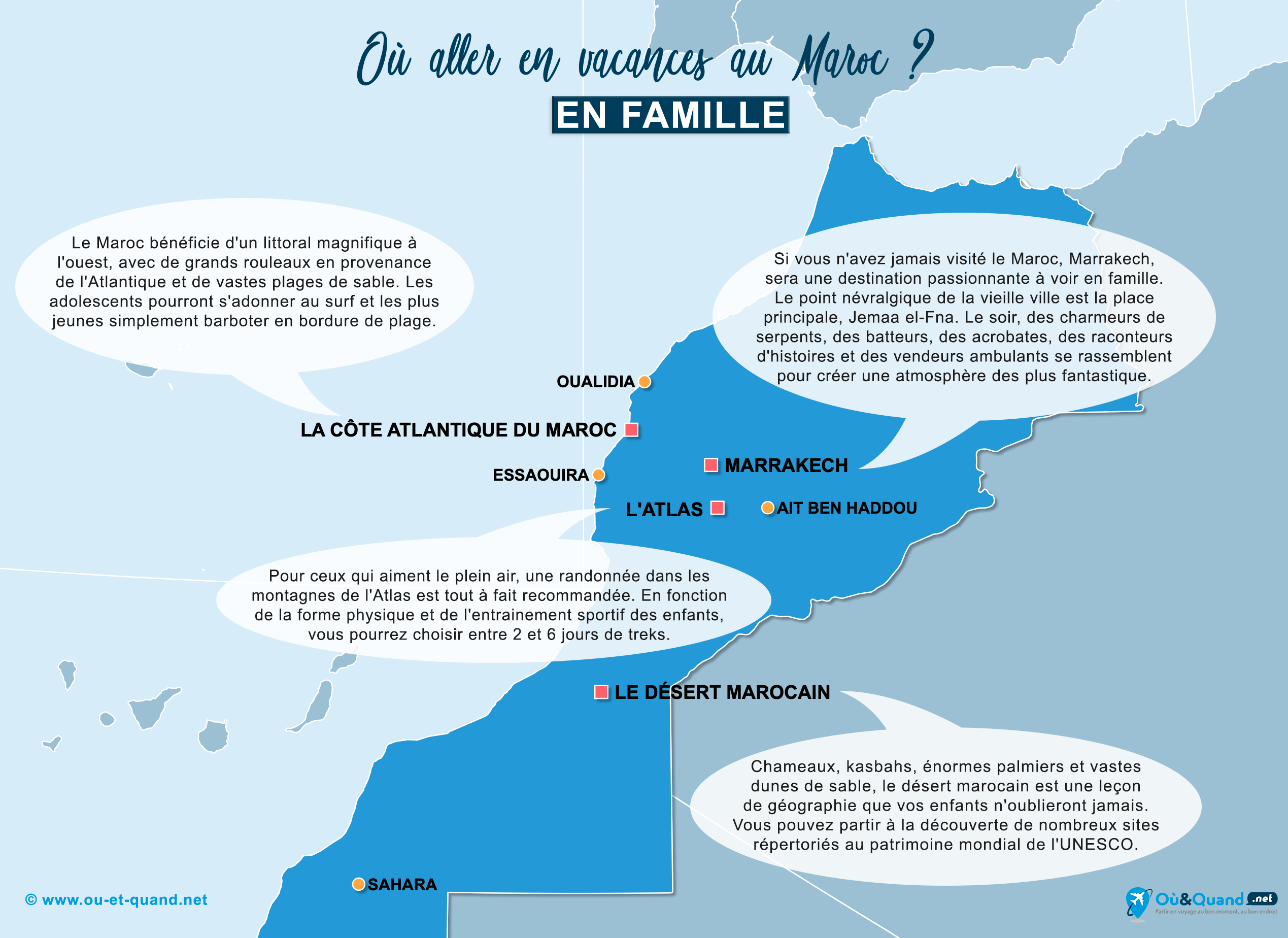 La carte des endroits au Maroc où aller en vacances en famille