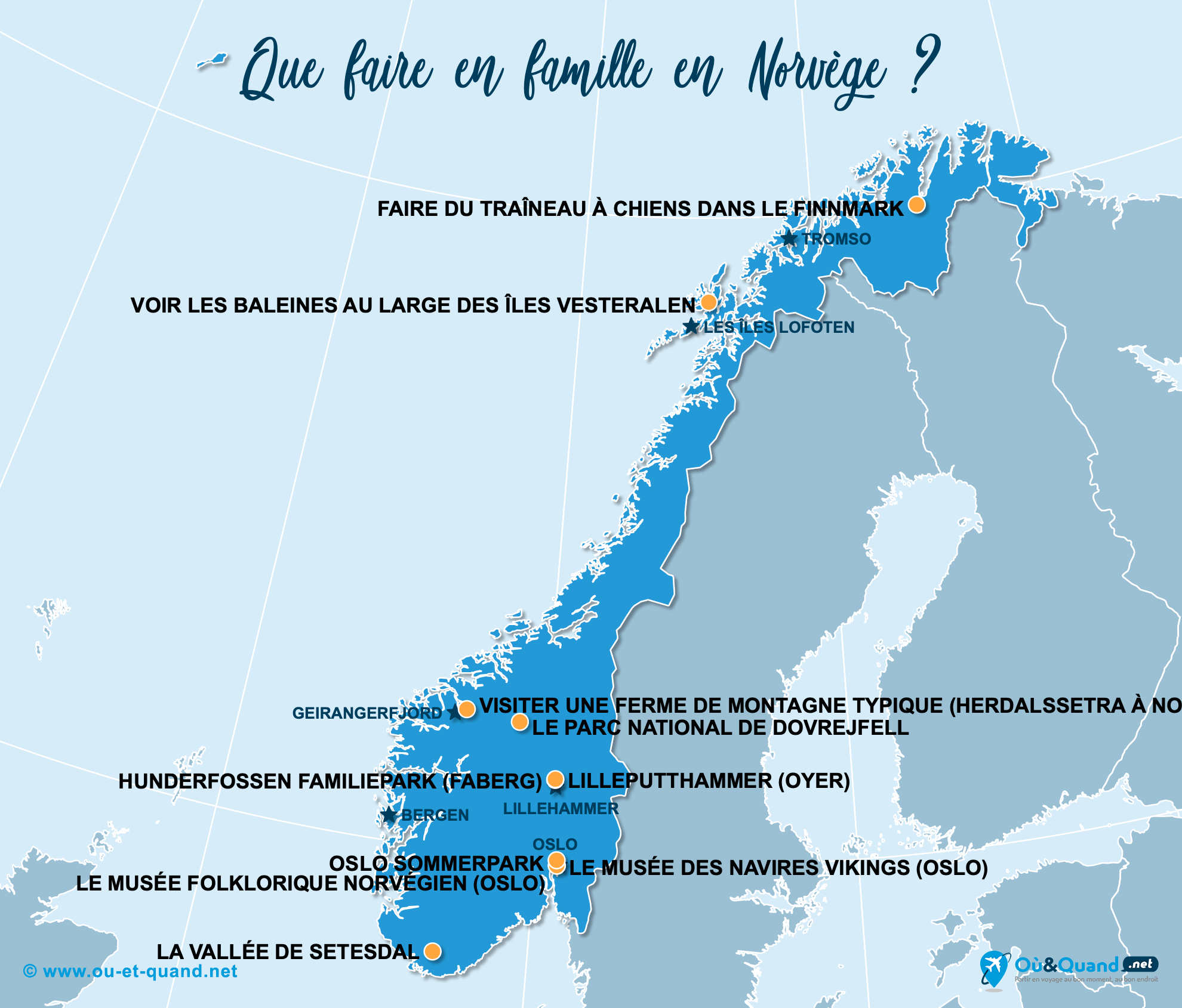 La carte des endroits en Norvège à visiter en famille
