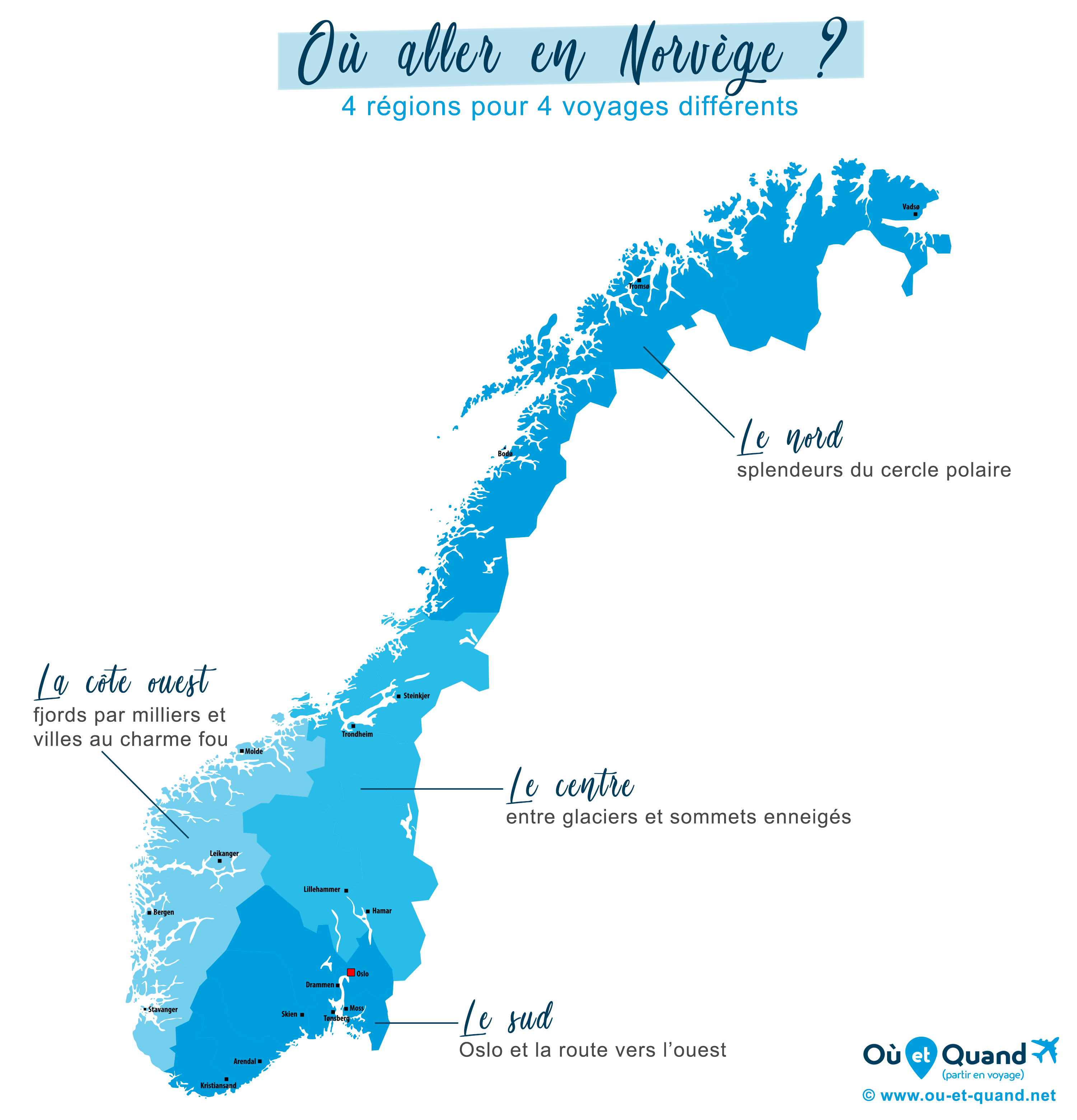 Carte des 4 grandes régions touristiques de la Norvège