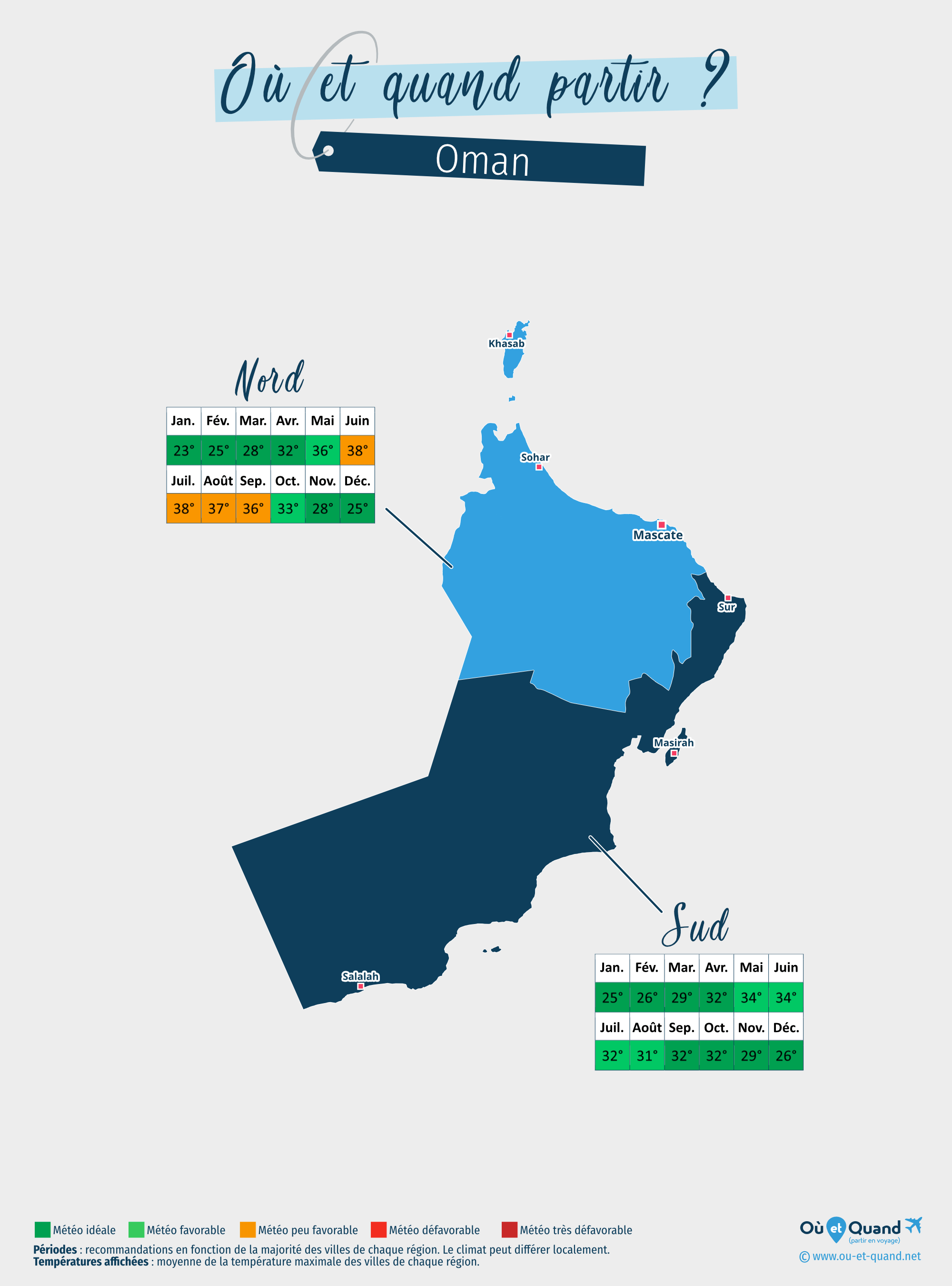 Carte des meilleures périodes pour partir à Oman : région par région