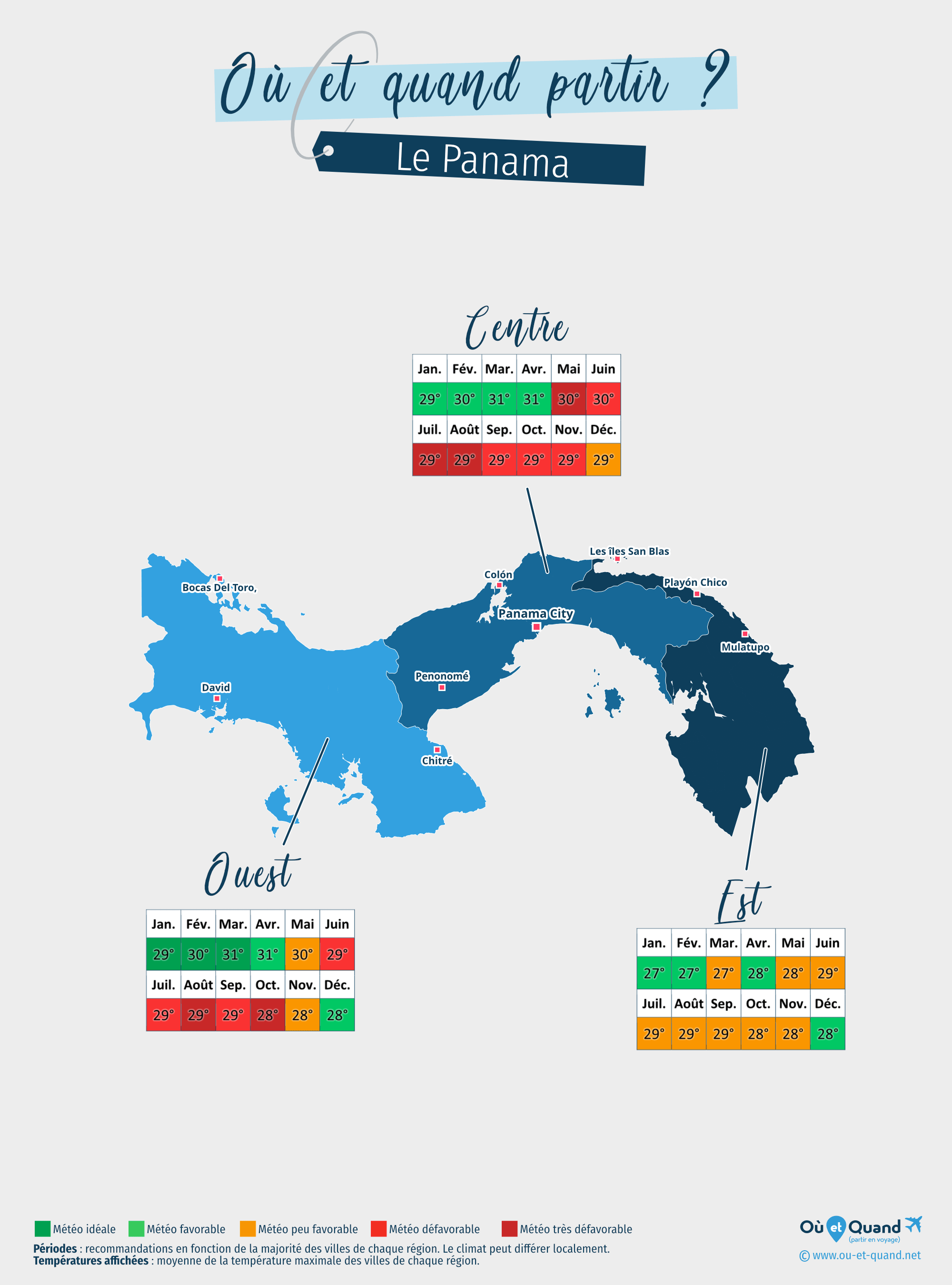 Carte des meilleures périodes pour partir au Panama : région par région