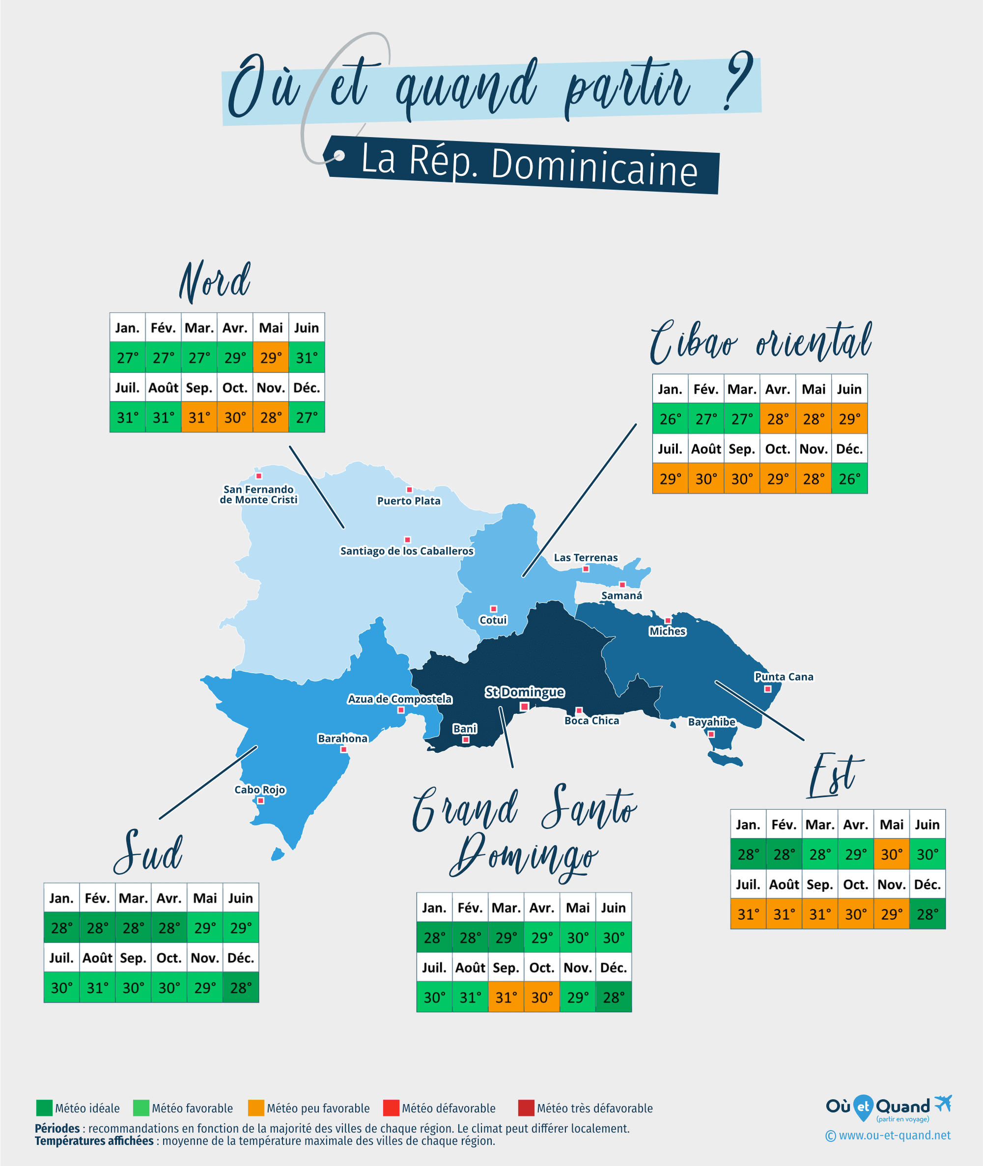 Carte des meilleures périodes pour partir en République Dominicaine : région par région