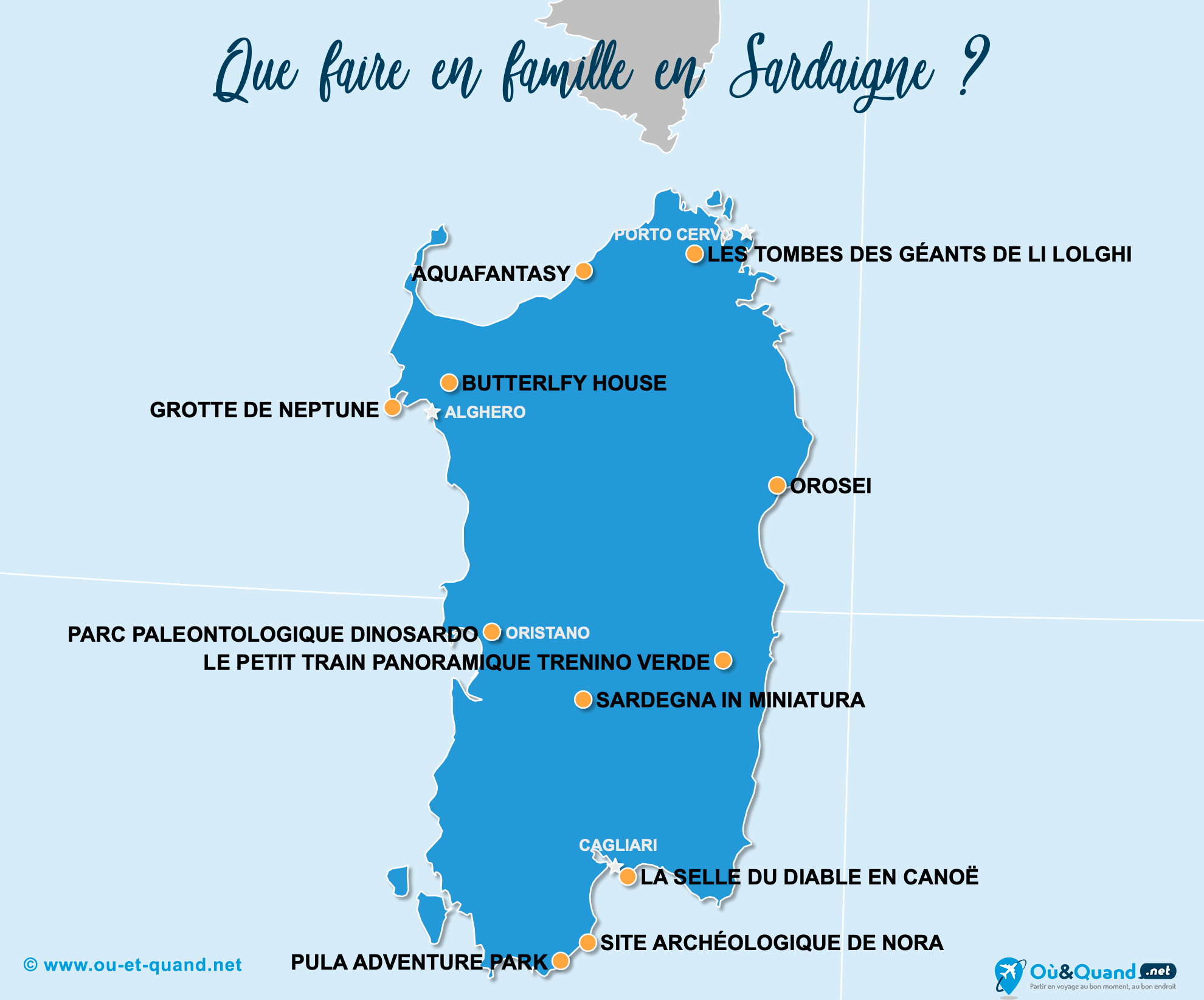 La carte des endroits en Sardaigne à visiter en famille