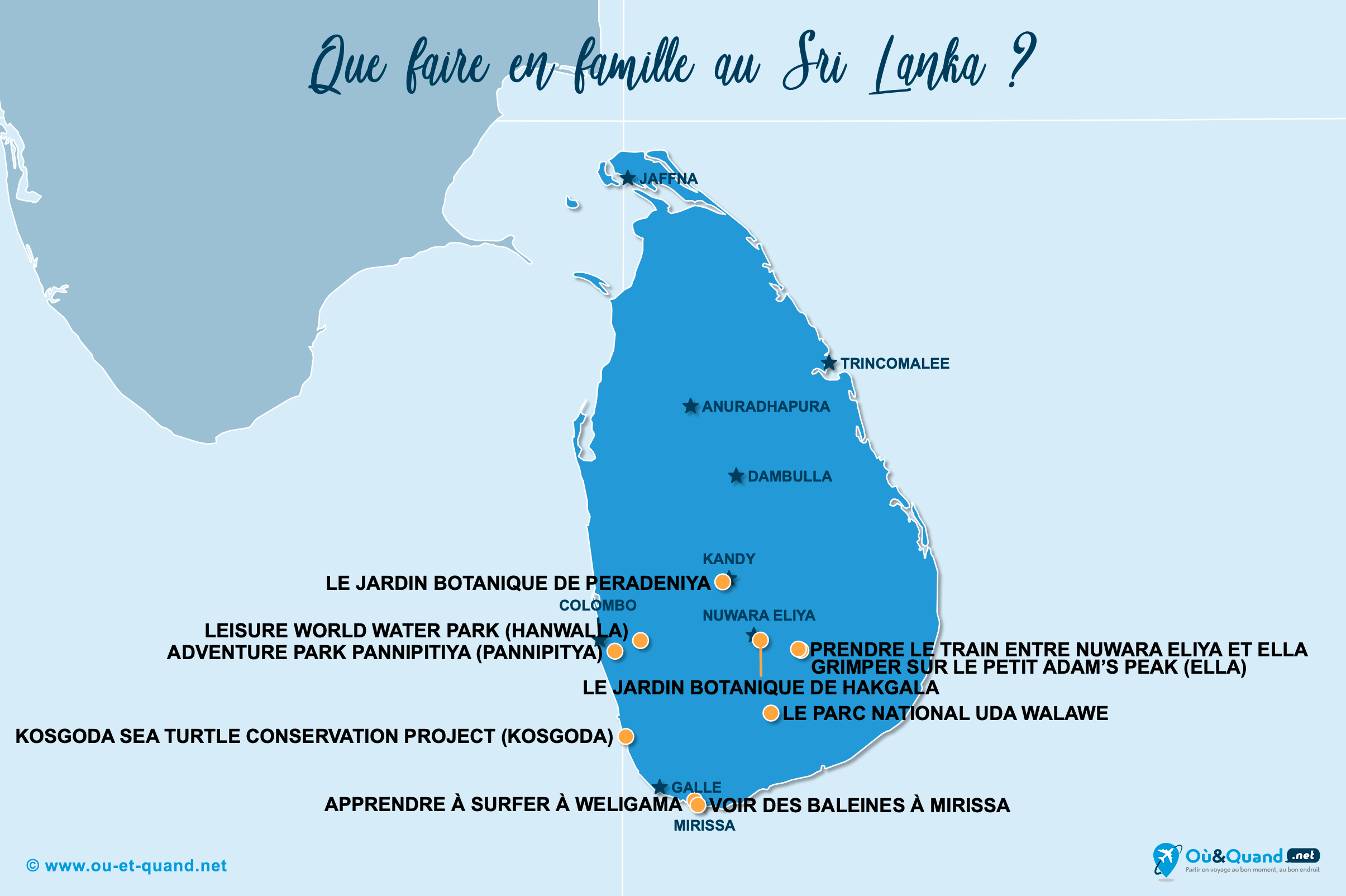 La carte des endroits au Sri Lanka à visiter en famille
