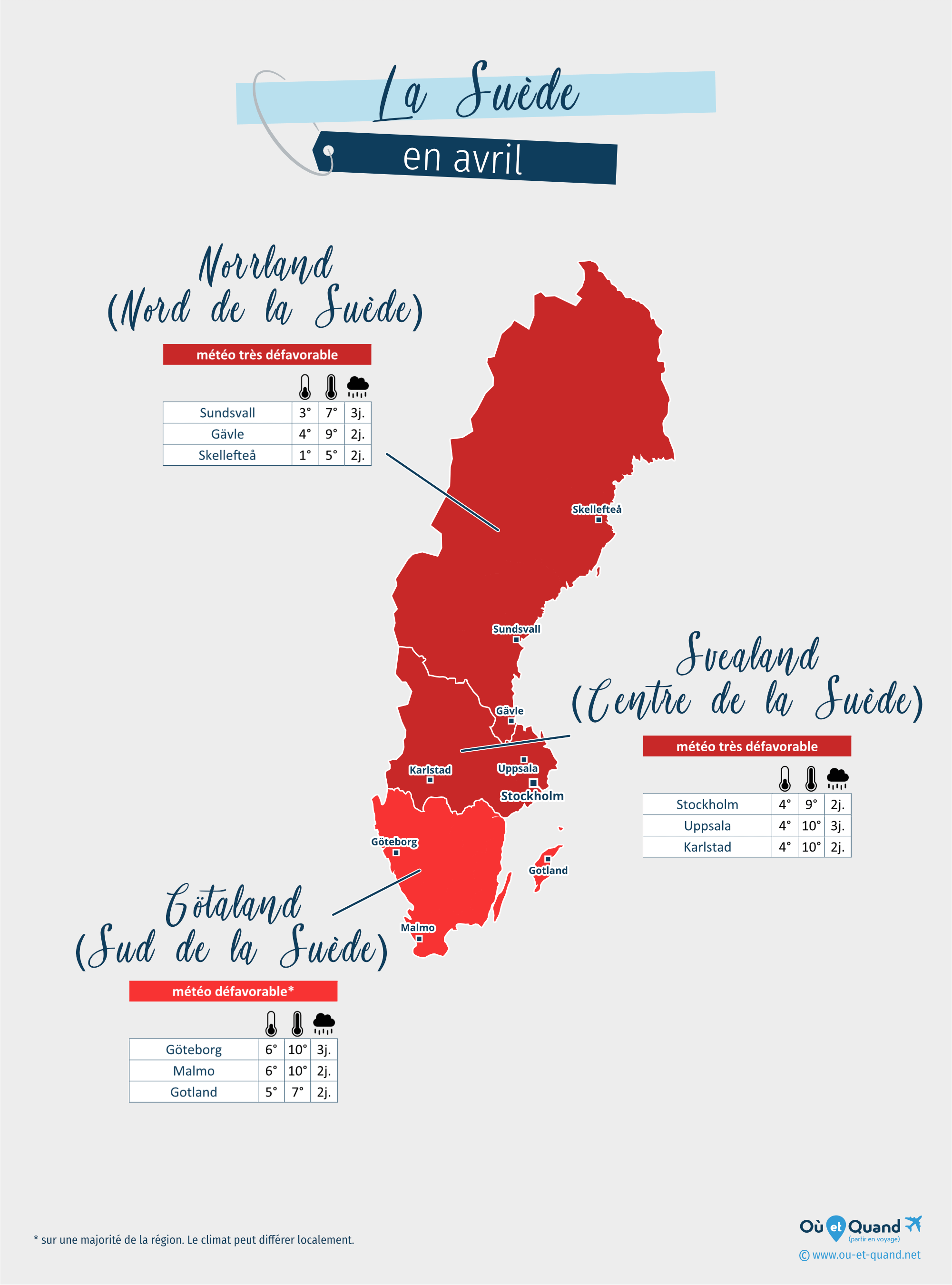 Carte de la météo en avril dans les régions de la Suède