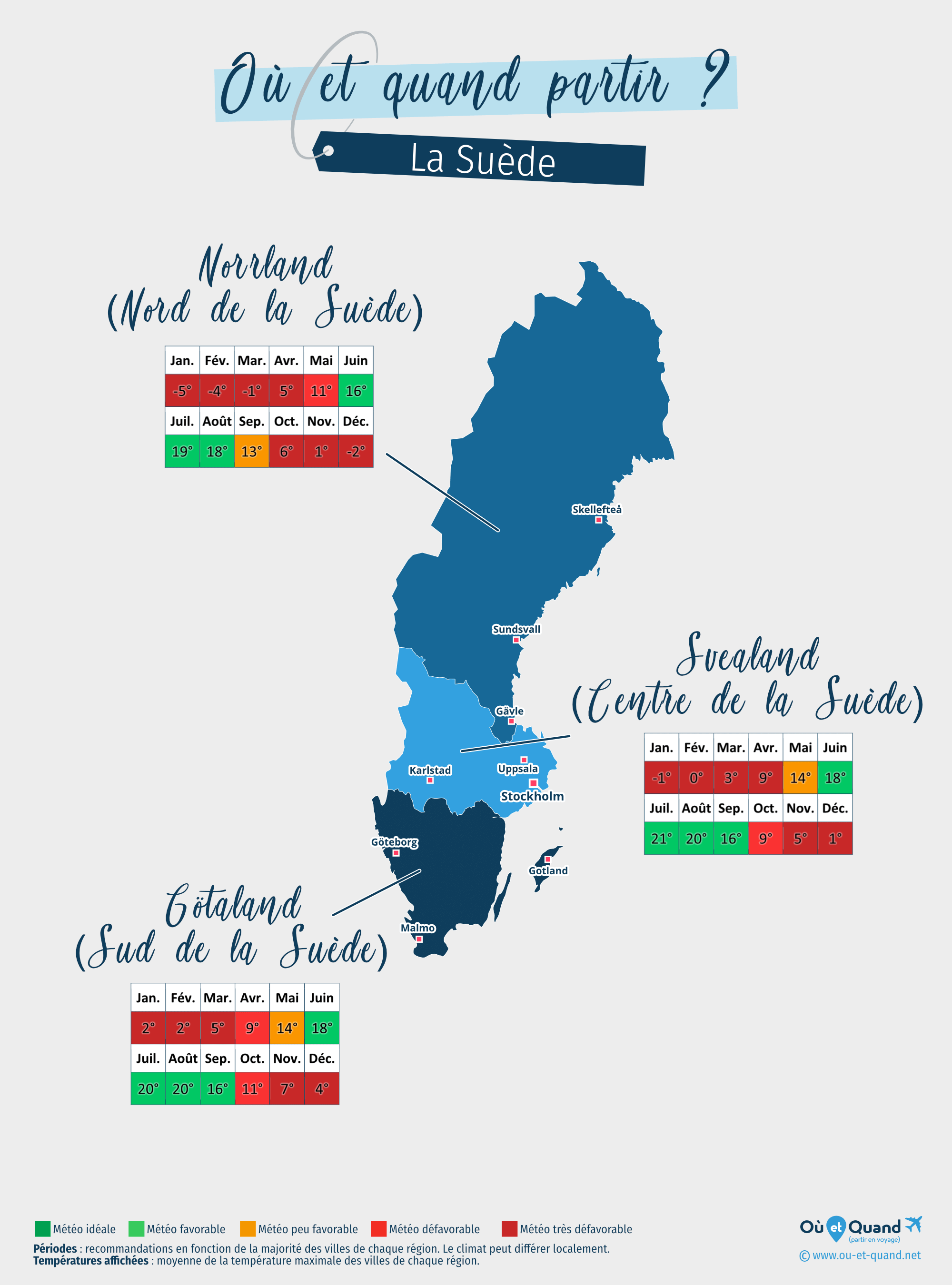Carte des meilleures périodes pour partir en Suède : région par région