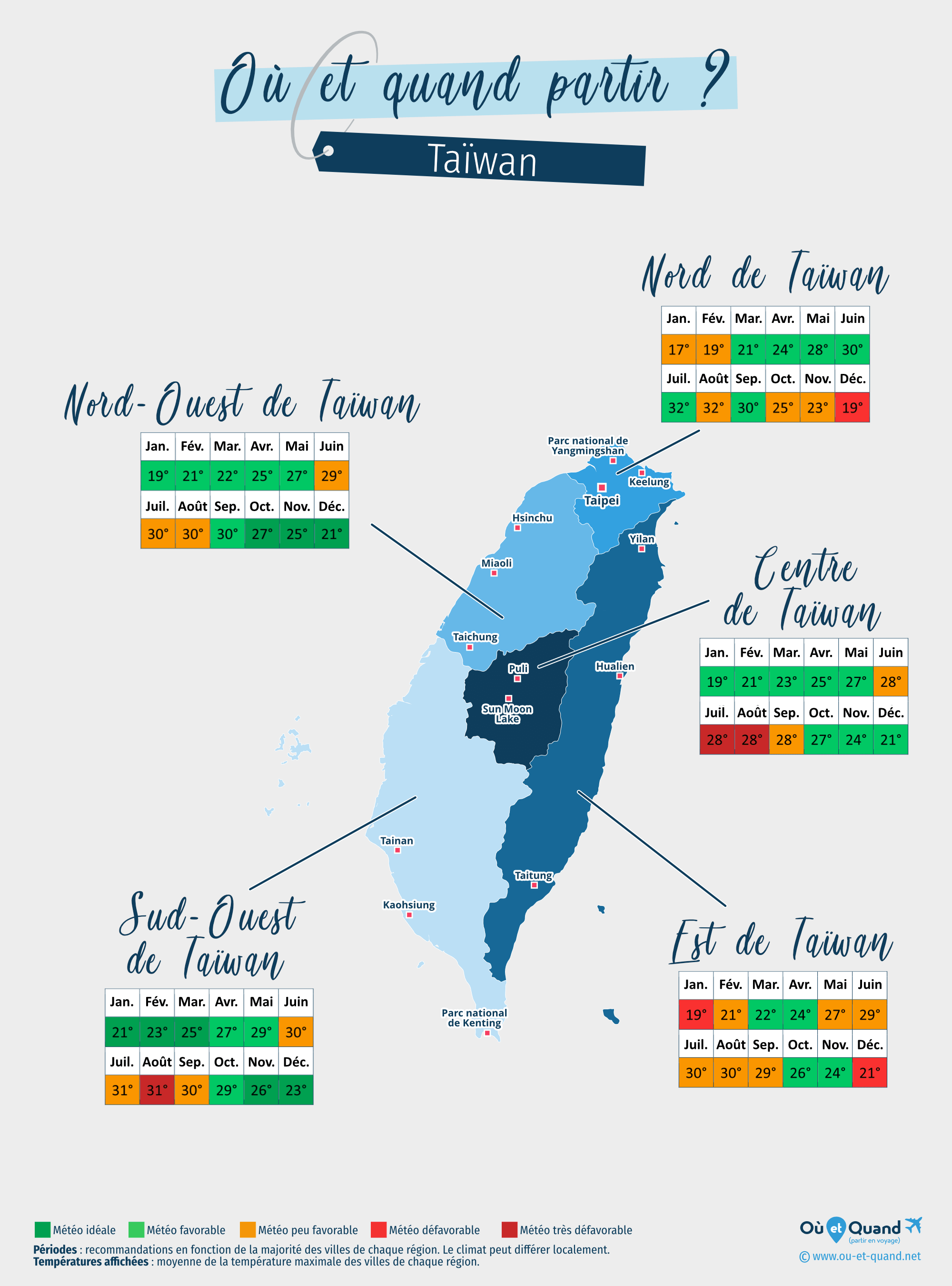 Carte des meilleures périodes pour partir à Taïwan : région par région