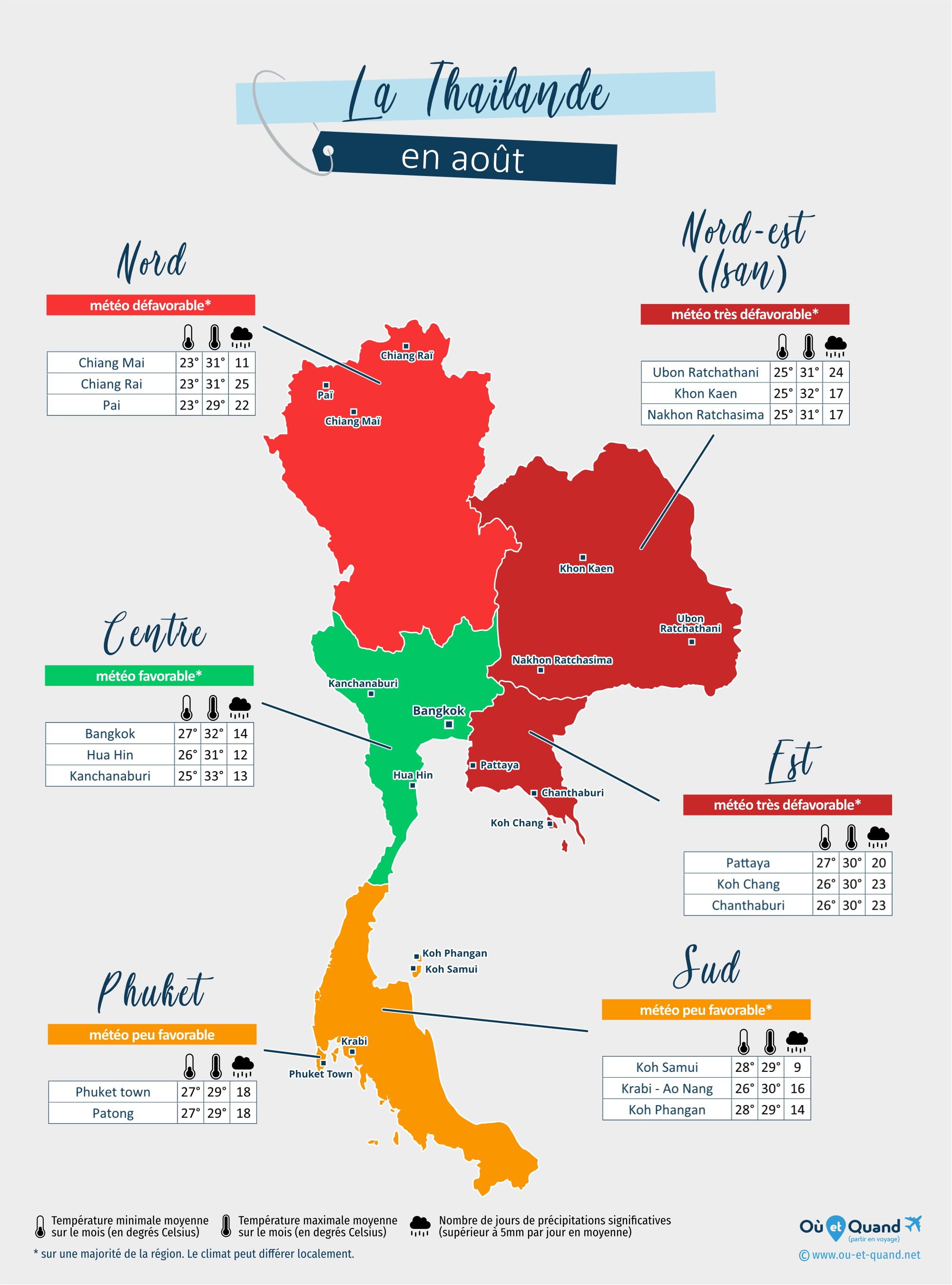 Carte de la météo en août dans les régions de la Thaïlande