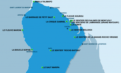 Carte Guyane : Sites naturels en Guyane Française