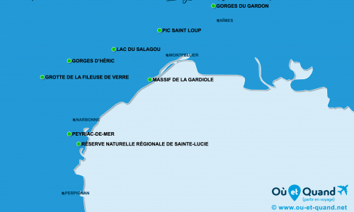 Carte Languedoc-Roussillon Méditerranée : Sites naturels dans le Languedoc-Roussillon (côte méditerranéenne)