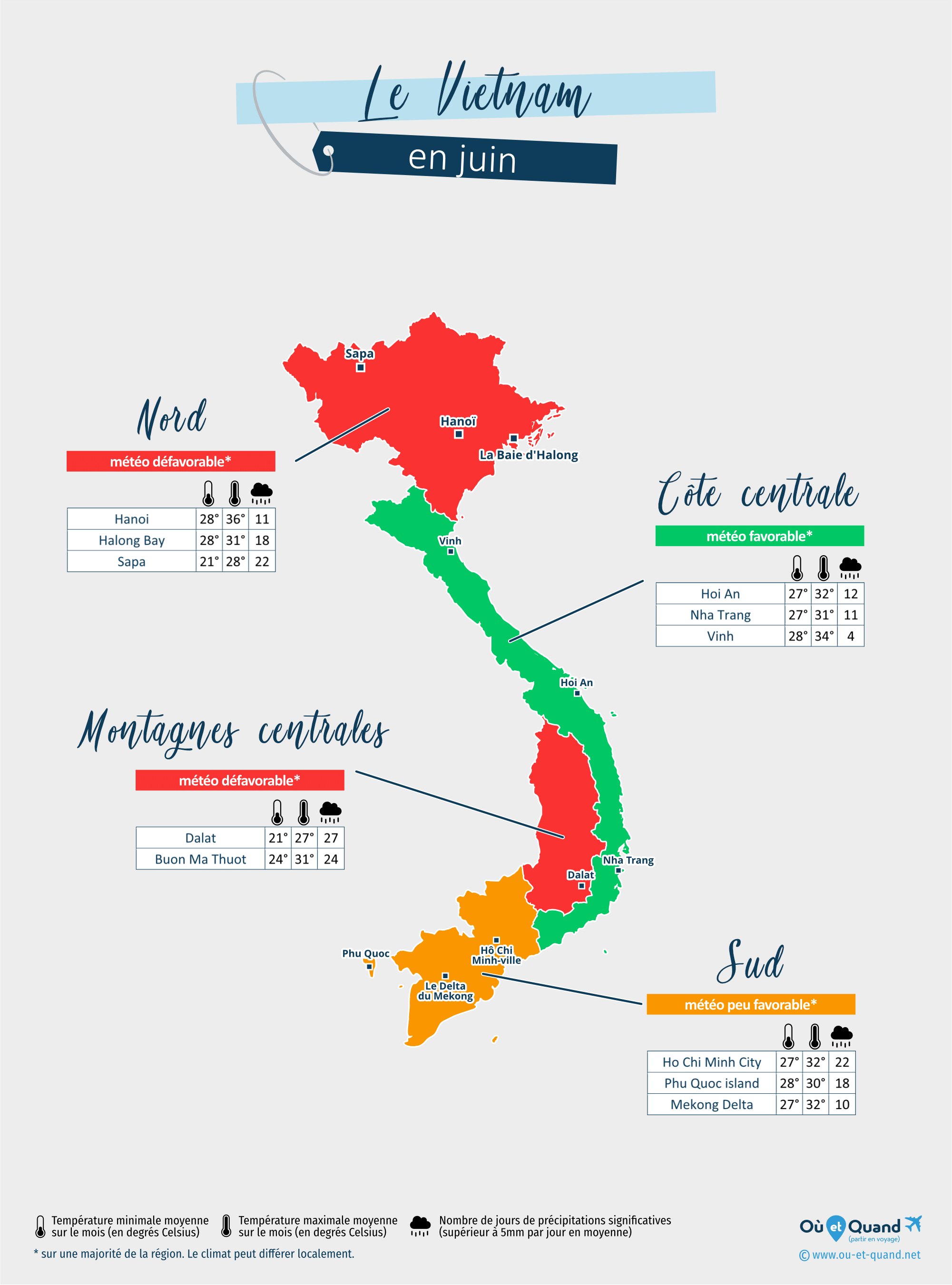 Carte de la météo en juin dans les régions du Vietnam