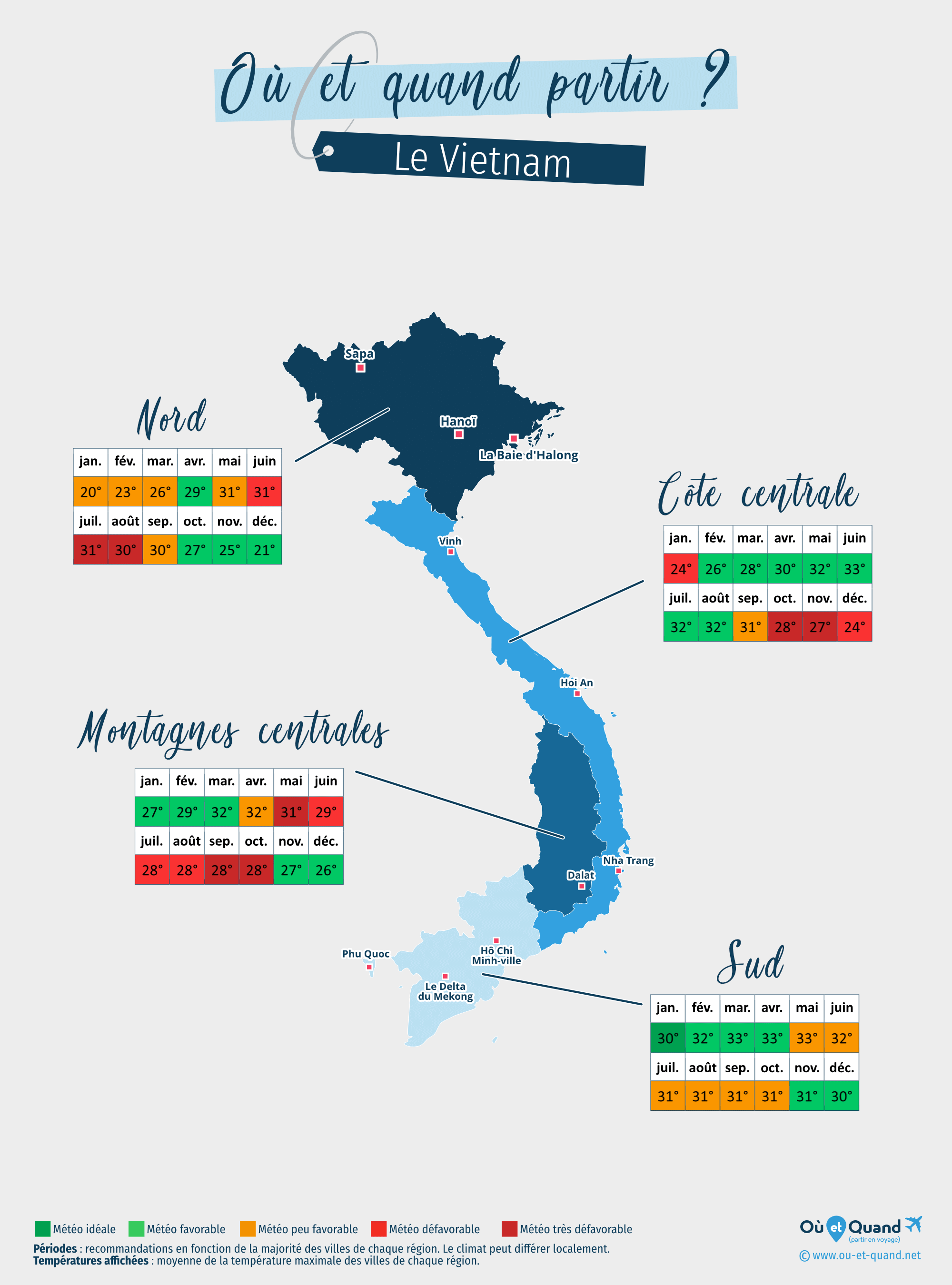 Carte des meilleures périodes pour partir au Vietnam : région par région